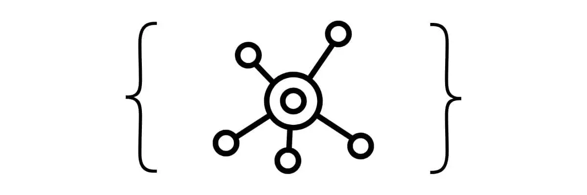 A central circle with six lines radiating outward, each ending in a smaller circle and resembling a hub or network, is enclosed between two large curly brackets on a white background—symbolising the interconnected structure that illustrates why schema markup is important for SEO.