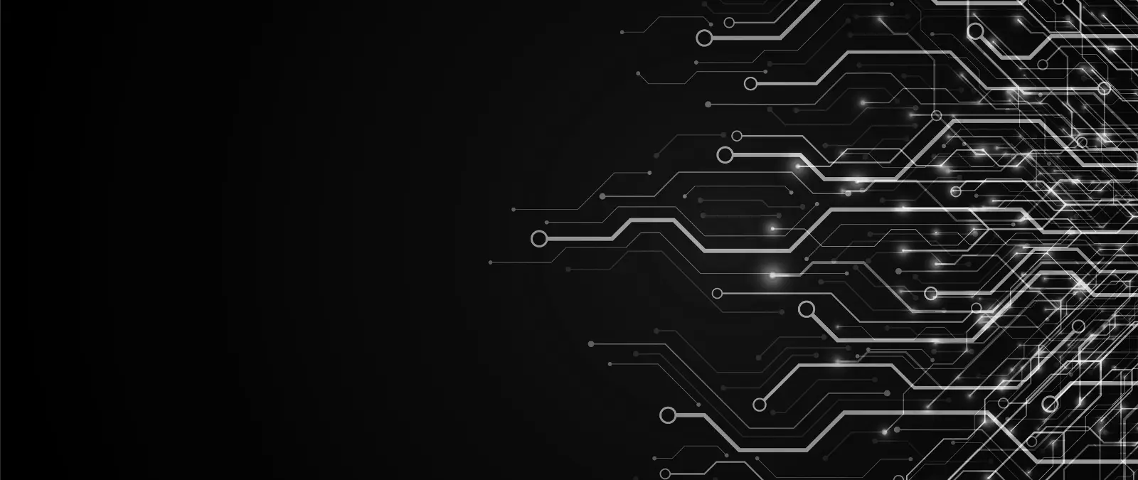 Abstract black background with white glowing circuit lines and nodes on the right side, resembling a digital motherboard or computer technology pattern—much like how topic clusters boost SEO by connecting related content, with empty dark space on the left.
