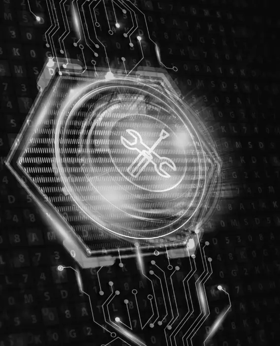A glowing digital coin with circuitry and coding symbols, encased in a hexagon, floats against a background of letters and numbers, evoking themes of cryptocurrency and technology.
