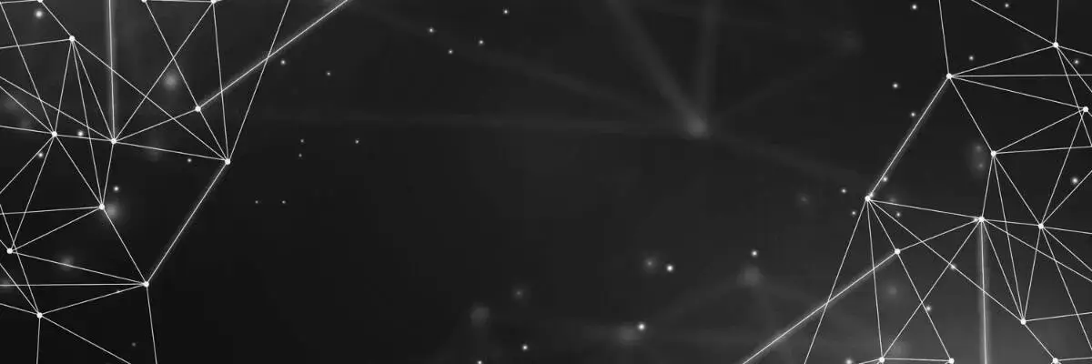 Abstract dark background with white geometric lines and dots forming interconnected triangular shapes, resembling a digital or technological network. Faint glowing points and lines are scattered across the image, creating a sense of depth.