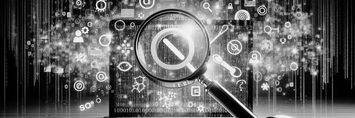 A magnifying glass highlights a prohibition symbol on a laptop screen, surrounded by digital icons, representing internet security and restricted access.