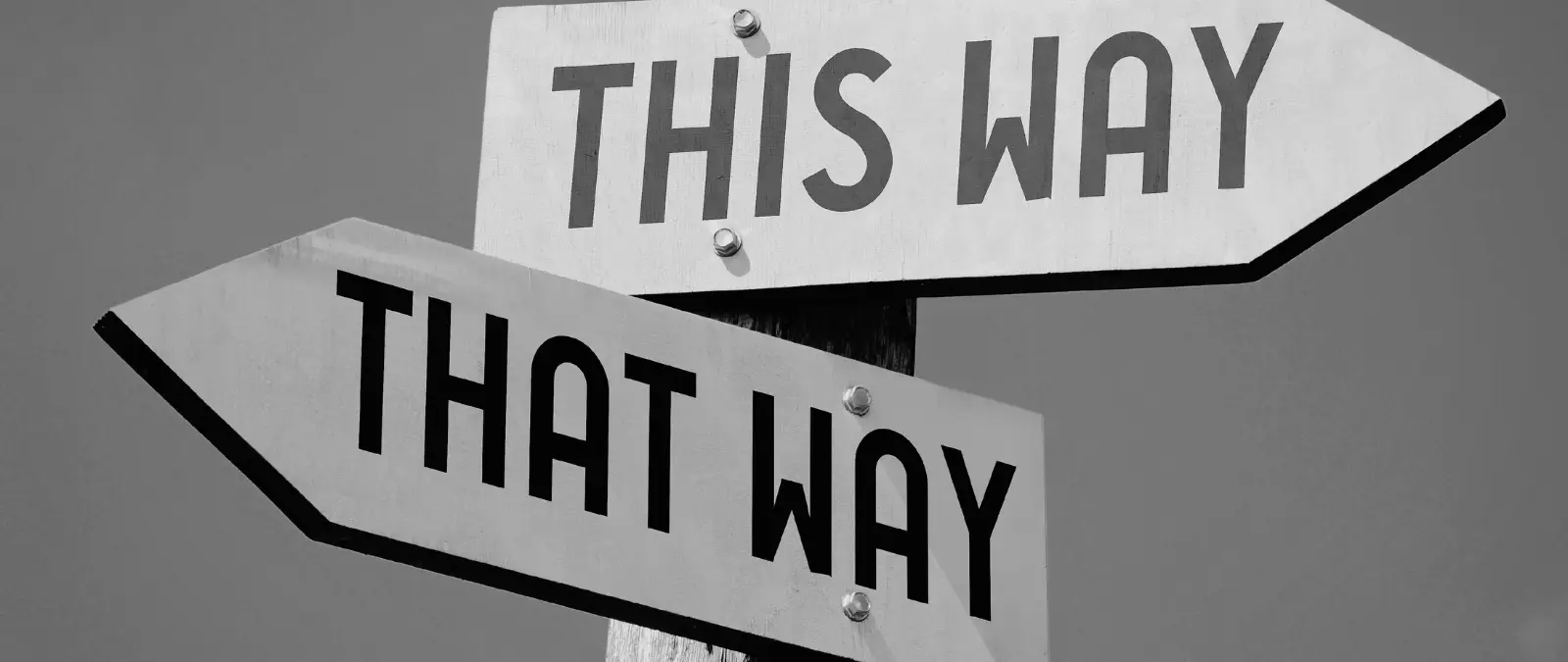 Two arrow signs on a post point in opposite directions. One sign reads “THIS WAY” and the other reads “THAT WAY.” The image is in black and white.