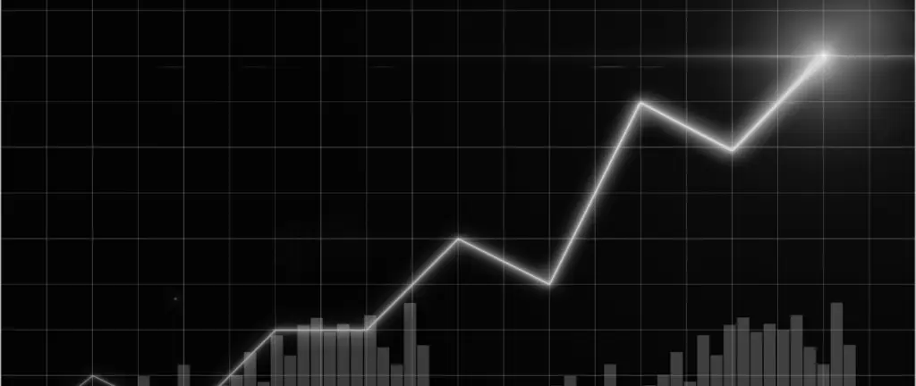 A glowing white line graph rises sharply on a black grid background, ending at the top right corner. Faint bar charts are visible below the line.