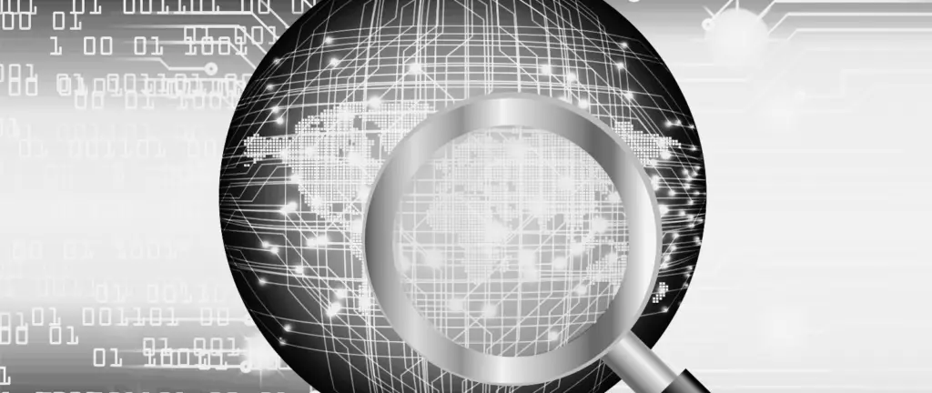 A magnifying glass hovers over a digital globe with grid lines, binary code, and circuit patterns, symbolising data analysis or global digital research.
