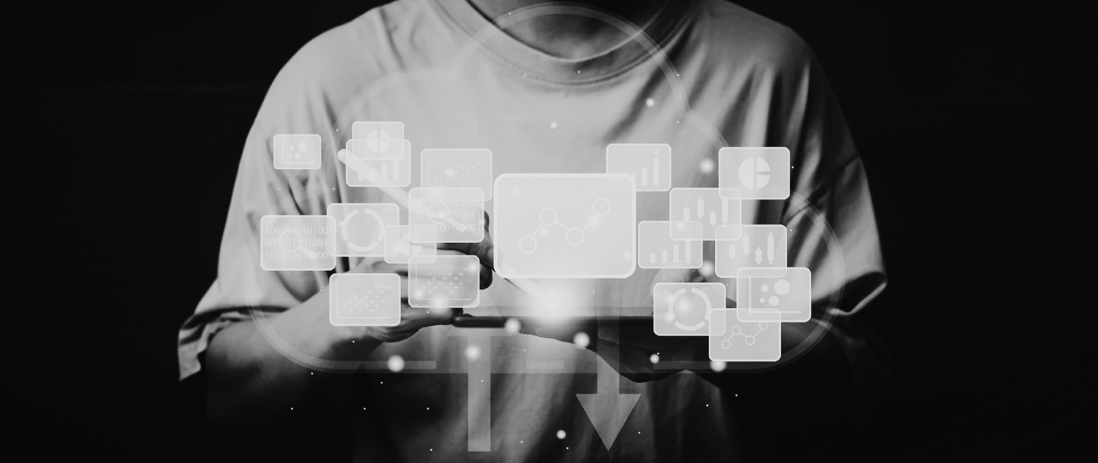 a man holding lots of digital information