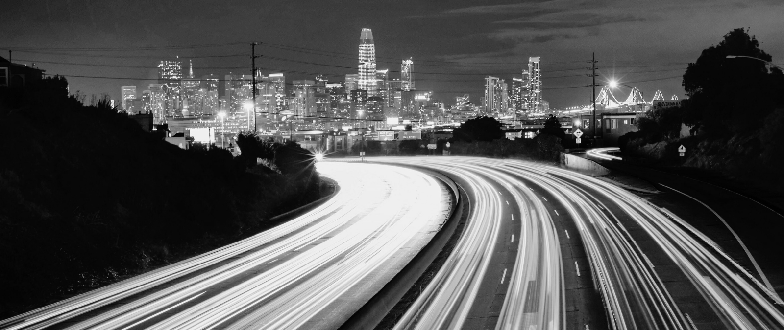 Long exposure of cars on a highway at night