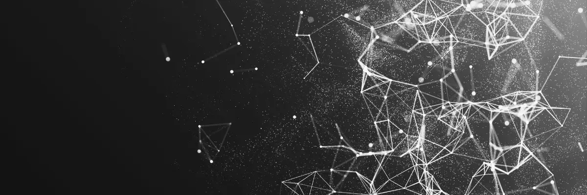 White, glowing geometric lines and dots form a network on a black background, resembling an abstract digital or molecular structure with particles scattered throughout.